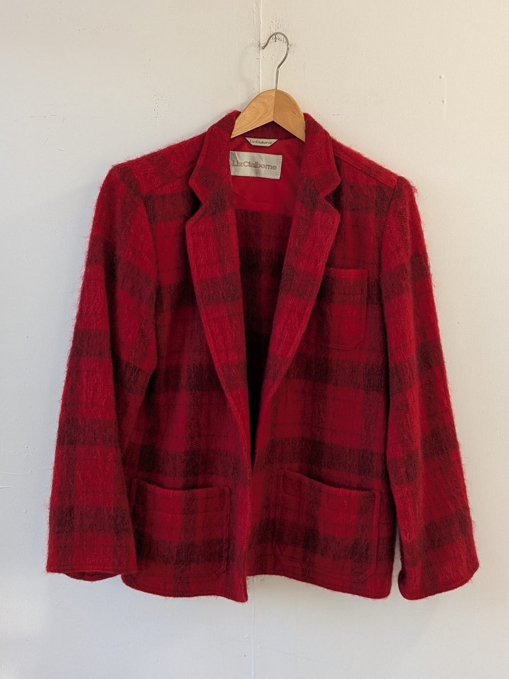Vintage Liz Claiborne Union Made Mohair Wool Plaid Open Front Blazer Jacket